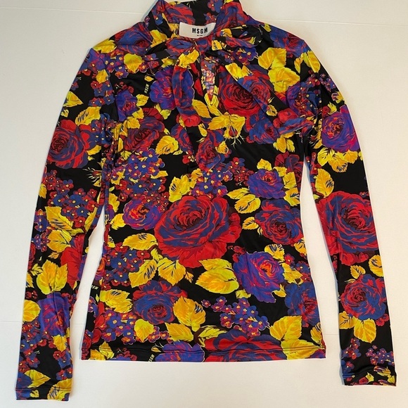 $245 MSGM Tie Neck Pussybow Blouse stretch floral long sleeve 38 Small - Picture 9 of 12